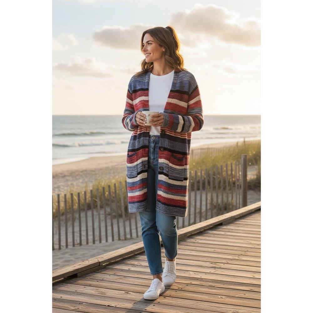 J. Jill Cotton Linen Southwestern Striped Cardigan M Longline Cozy Rustic Boho‎